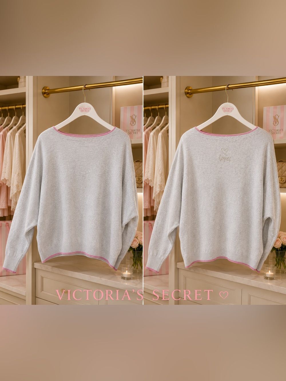 NWT SZ M VICTORIAS SECRET sweater Gray & White Heather Embroidered LOVE 💕 Heart
